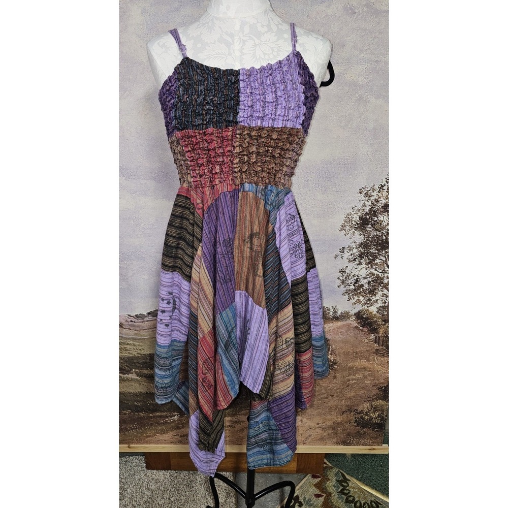 Kirat Women's Boho  Patchwork Hankercheif Sleeveless Cottage Core O/S Dress